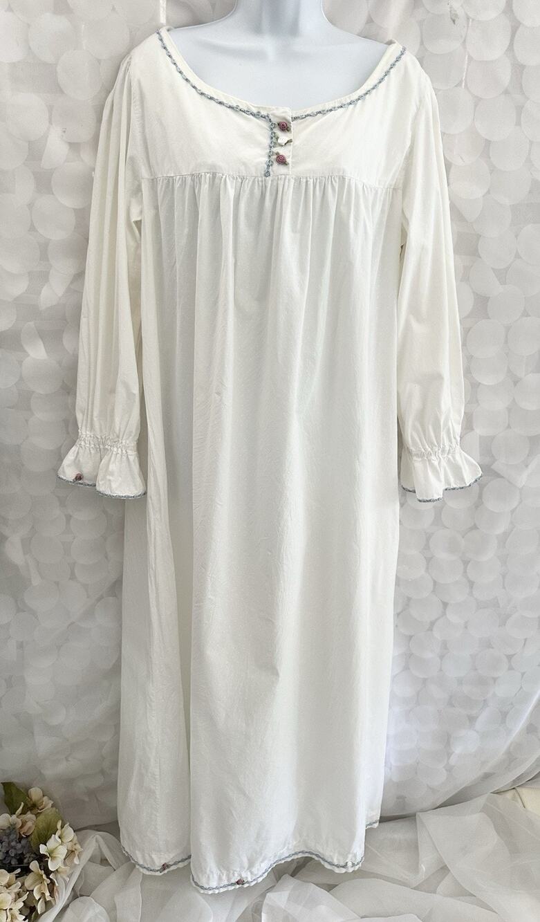 VTG 100% Lrg Cotton LONG PRAIRIE Nightgown White Roses Country Cottage HANDMADE